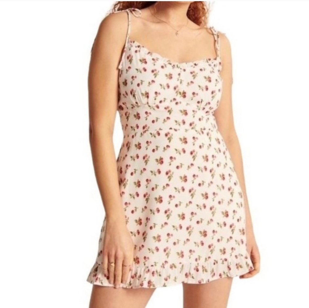 Abercrombie & Fitch Cherry Print Mini Ruffle Spaghetti Strap Dress L & Scrunchie